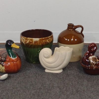 Stoneware Jug, 2 Duck-On-Nest, Majolica Pot