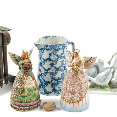 Antique Spongeware Pitcher, 2 Jim Shore Angels & Gerold Porcelain Figurine