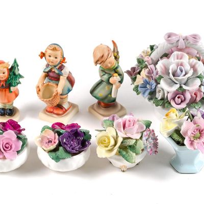 5 Porcelain Flower Baskets & 3 Goebels Figurines