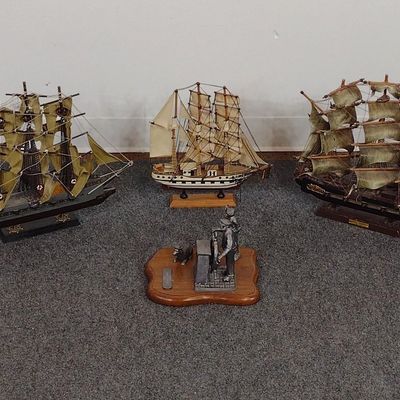 3 Model Ships & Captain Daniel S. Hayward Statue