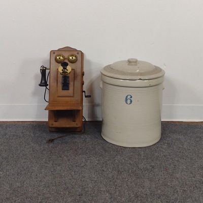 6 Gallon Stoneware Crock With Lid & Country Belle Radio By Guild