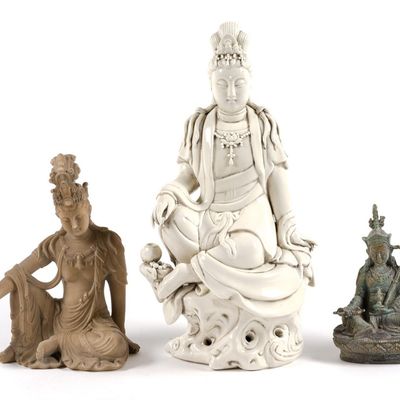 3 Statues Including Blanc De Chine Dehua Of Guanyin