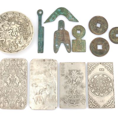 Tibetan Silver Zodiac Bars, Dragon Dish And Chinese Ancient Coins