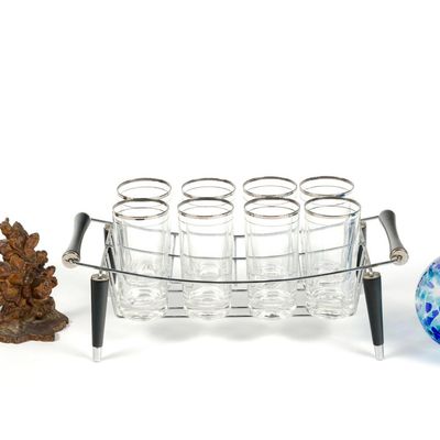 Brass Book Ends, Mid-Century Cup Rack With Glasses & Blown Glass Ornament