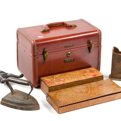 Samsonite Case, Cast Iron Bug & Carved Wooden Boxes