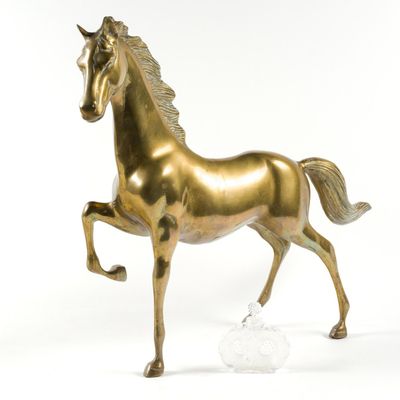 Brass Horse & Signed Lalique Perfume Bottle