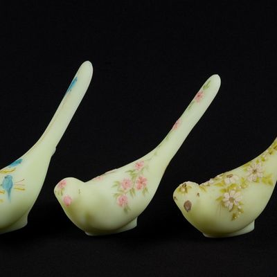 3 Signed Fenton Uranium Glass Birds