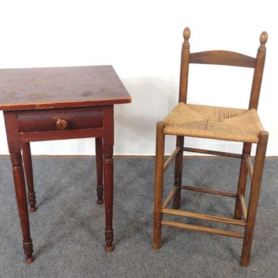 Single Drawer Work Table And Rush Seated Stool