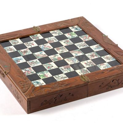Carved Wooden Chinese Chessboard & Pieces