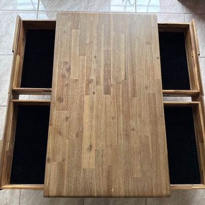 Mid century modern coffee table from above with all 4 drawers open
