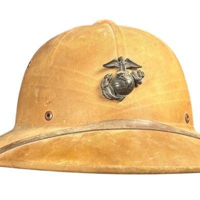 Sale Photo Thumbnail #445: WWII USMC Pressed Fiber Sun Helmet, Bronze EGA