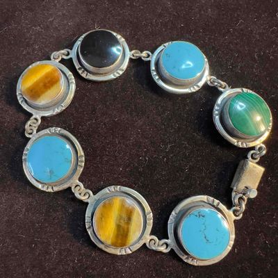 Multi Gemstone Sterling Silver Bracelet Onyx Turquoise Malachite Tiger's Eye