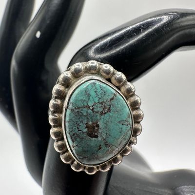 Beaded Border Bezel Turquoise Silver Ring Rain Drop Design Style
