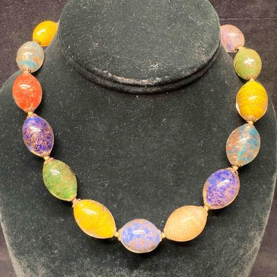 Murano Venetian Art Glass Lamp Work Bead Copper Infused Multi Colored Beaded Necklace C13