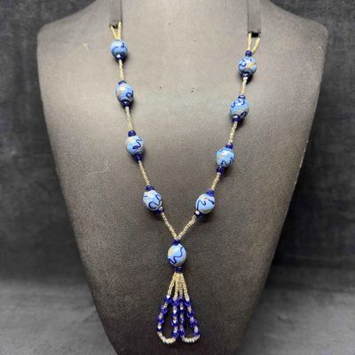 Venetian Murano Art Glass Lamp Work Dark and Light Blue Beaded Silver Accent Necklace E52