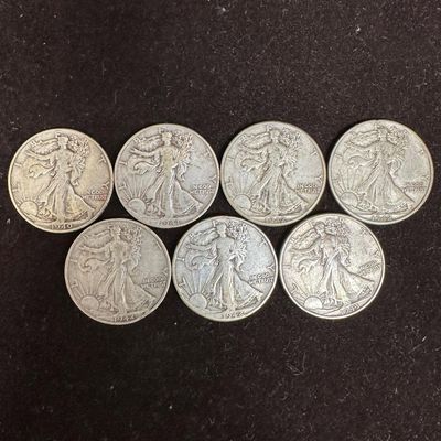Set of Seven Silver Coins 1940s Walking Liberty Half Dollar Coin Collection K95