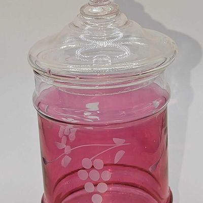 Vintage Etched Cranberry Style Glass Candy Dish