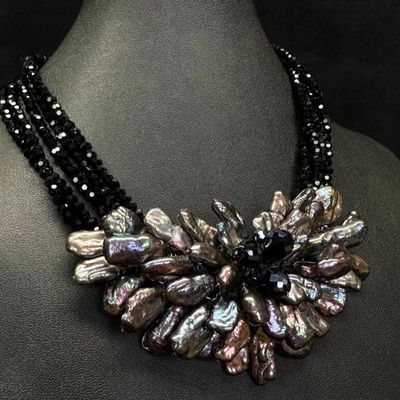 Multi-Strand Black Crystal Baroque Pearl Necklace