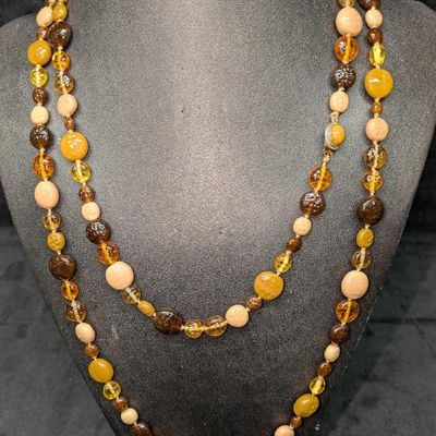 Vintage Handmade Long Browns And Tans Glass Beaded Necklace