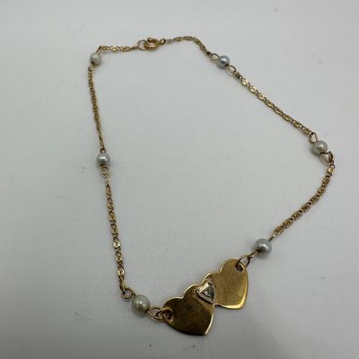 14K Yellow Gold Accent Diamond Double Heart Cultured Pearl Bracelet