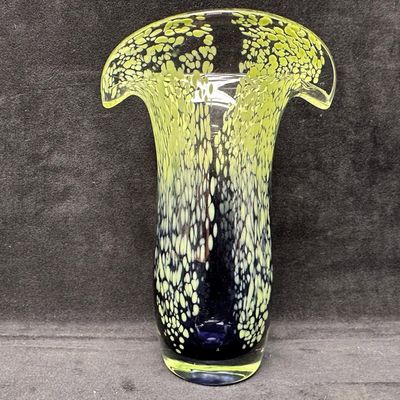 Green and Deep Cobalt Blue Art Glass Vase with Pulled Feather Rim Decoration
