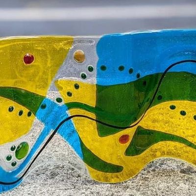 Colorful Curved Free Standing Fused Glass Art Panel