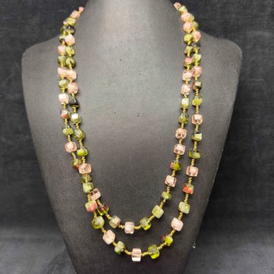 Green and Pink Glass Bead Square Beaded Long Necklace G33