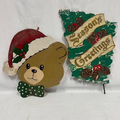Wooden Christmas Decorations Teddy Bear Season Greetings Wood Signs
