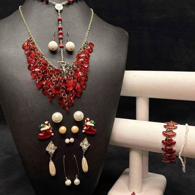 12pc Crimson and Pearls Yuletide Opulence Mixed Costume Jewelry Lot