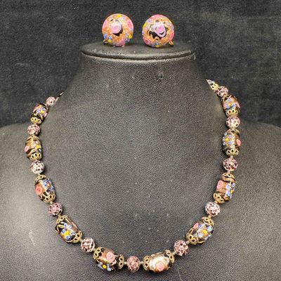 Venetian Murano Lamp Work Art Glass Fiorato Black Beaded Bead Necklace and Earrings Set B99