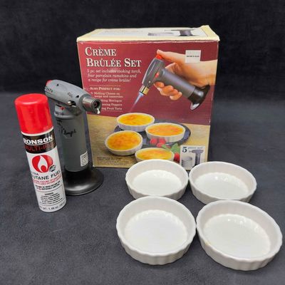 Bon Jour Creme Brulee Set Four White Ramekins and Cooking Torch Cheese Meringue