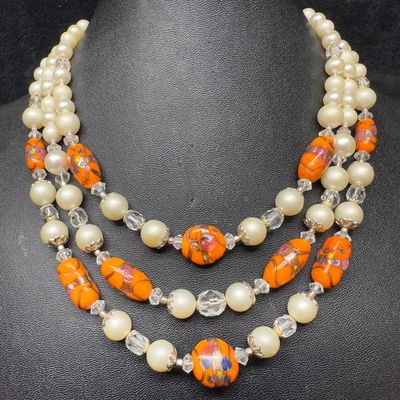 Venetian Murano Lamp Work Glass Art Orange Beaded Triple Layer Necklace G39