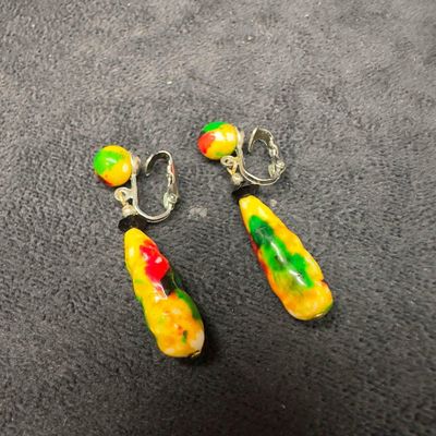 Hand Painted Ceramic Dangle Drop Earrings Red Yellow Green