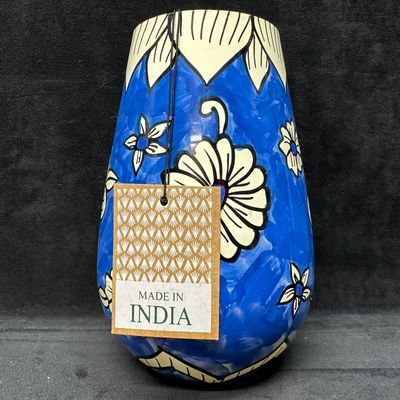 Hand-Painted Blue Floral White Flower Ceramic Vase Made in India