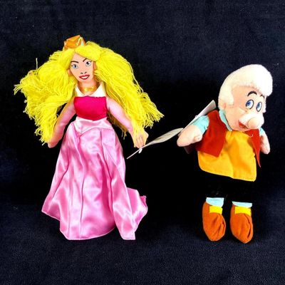 Set of (2) Disney Plush Bean Bag Dolls Princess Aurora and Gepetto