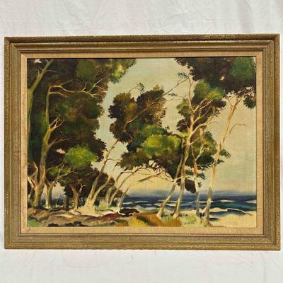 Bill Justice Original Oil Painting on Masonite Coastal Landscape with Trees Signed