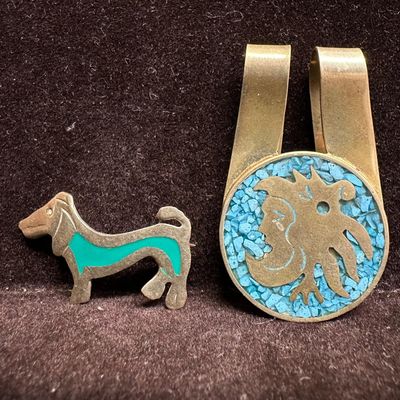 Alpaca Mexico Silver Green Enamel Inlay Brooch and Turquoise Chip Inlaid Money Clip