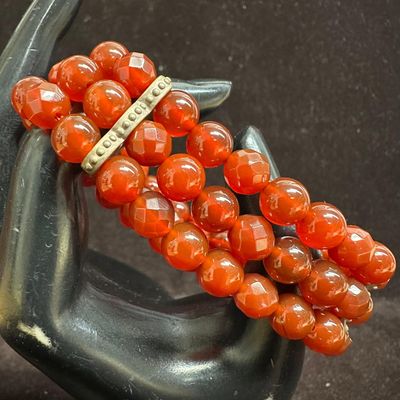 Triple Strand Faceted Carnelian Stone Bead Sterling Silver Bracelet