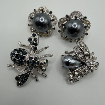 Joan Rivers Faux Pearl Blue Crystal Earrings and Bee Brooches HH22