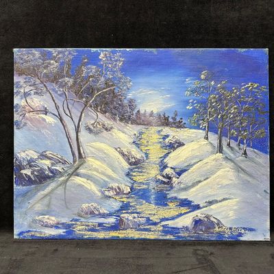 Winter Landscape Amateur Painting Blue Riverbank at Dawn