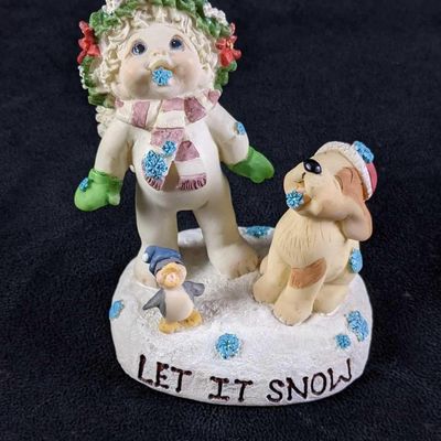 Dreamsicles Baby with Puppy and Penguin Christmas Figurine "Catch a Snowflake"