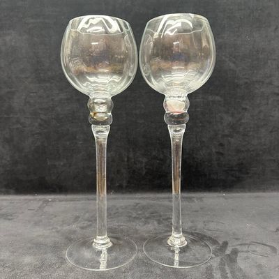 Pair of Clear Glass Long Stem Cordial or Large Wine Glasses Style