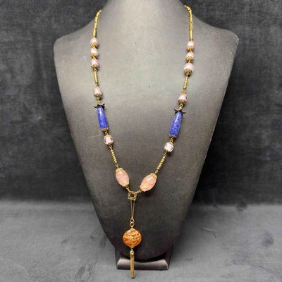 Venetian Murano Art Glass Lamp Work Blue Pink Copper Beaded Chain Pendant Necklace D90