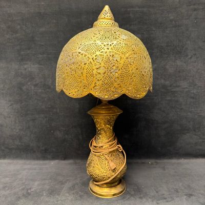 Vintage Moroccan Style Pierced Brass Table Lamp with Matching Filigree Shade