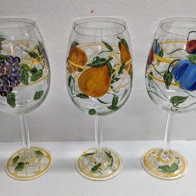 3 Hand Painted Wine Glasses With Fruit Designs D