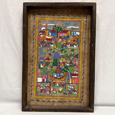 Mexican Folk Art Village Scene Painting on Bark Style Paper