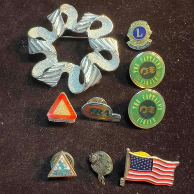 Assorted Vintage Brooch and Lapel Pin Lot of Nine 9 USA Flag Lions Fleet Rose