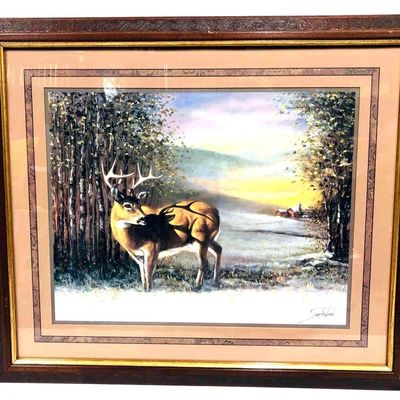 Framed Picture Print "Deer Wood House" Signed By Sambataro