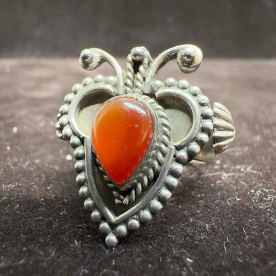 Ornate Beaded Carnelian Cabochon Sterling Silver Artisan Ring