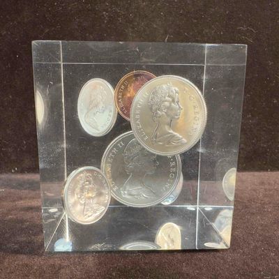 Vintage 1970 Canadian Coins In Lucite Cube Paperweight